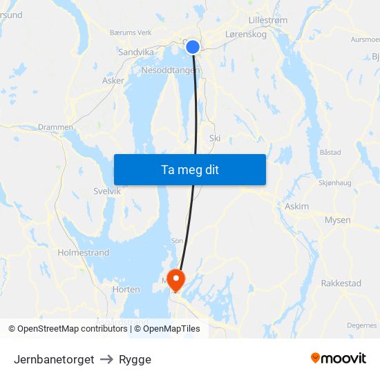 Jernbanetorget to Rygge map