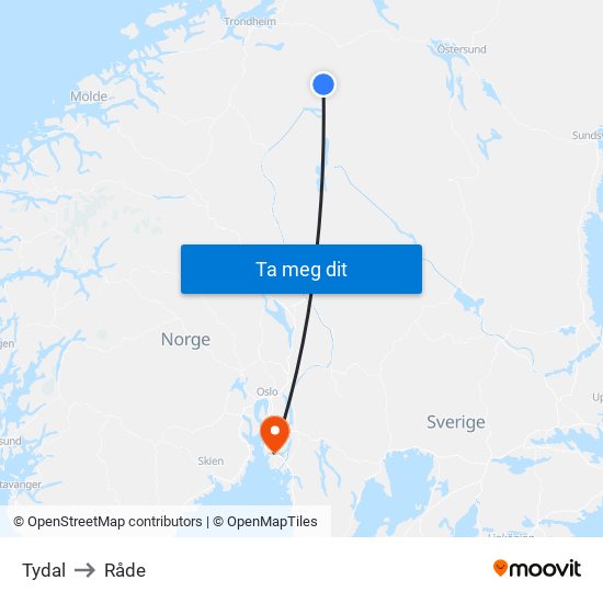 Tydal to Råde map