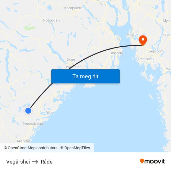 Vegårshei to Råde map