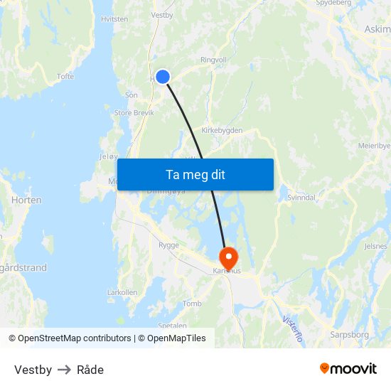 Vestby to Råde map