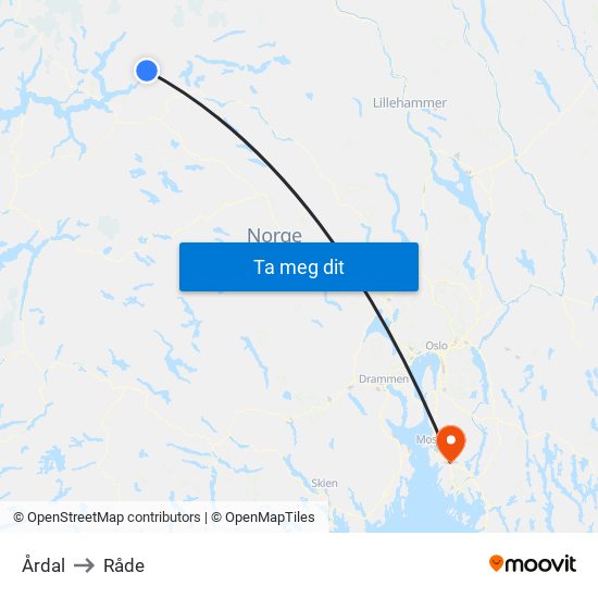 Årdal to Råde map