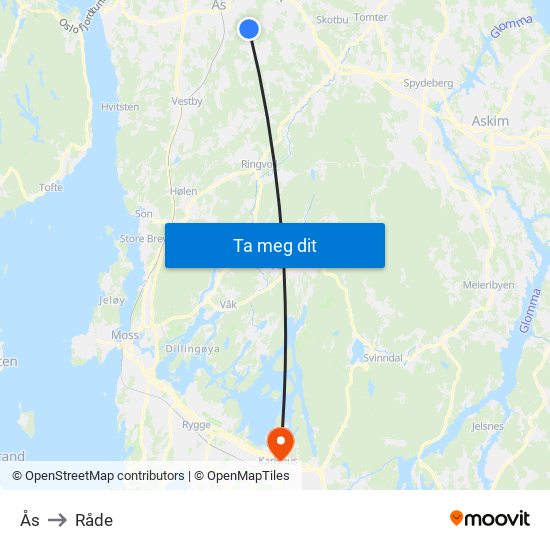 Ås to Råde map