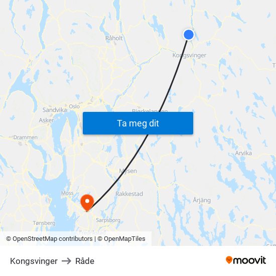 Kongsvinger to Råde map