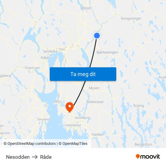 Nesodden to Råde map