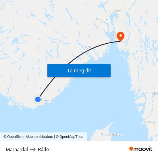 Marnardal to Råde map