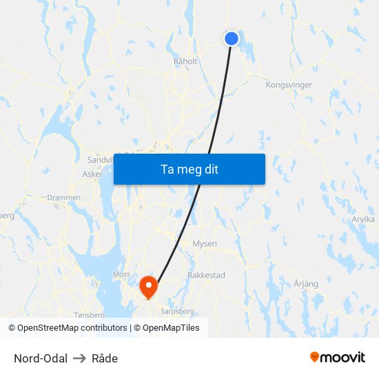 Nord-Odal to Råde map