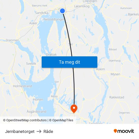 Jernbanetorget to Råde map