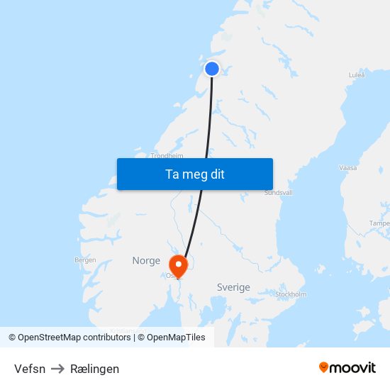 Vefsn to Rælingen map