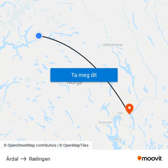 Årdal to Rælingen map