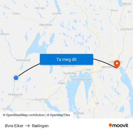 Øvre Eiker to Rælingen map