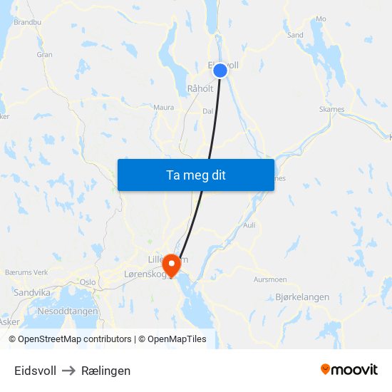 Eidsvoll to Rælingen map