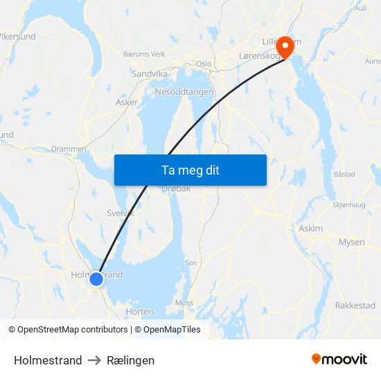 Holmestrand to Rælingen map
