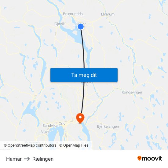 Hamar to Rælingen map