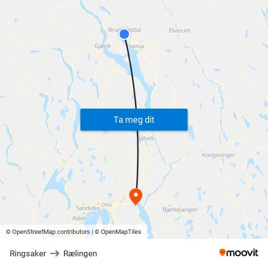 Ringsaker to Rælingen map