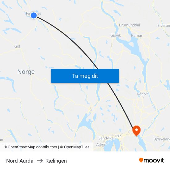 Nord-Aurdal to Rælingen map