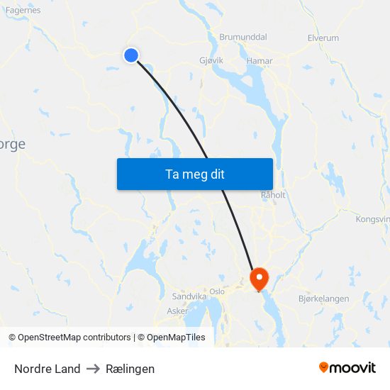 Nordre Land to Rælingen map