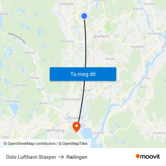 Oslo Lufthavn Stasjon to Rælingen map