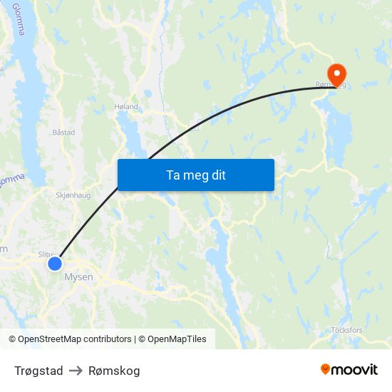 Trøgstad to Rømskog map