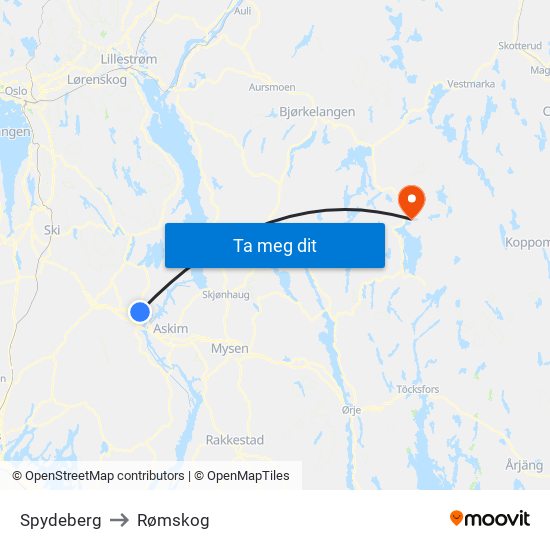 Spydeberg to Rømskog map