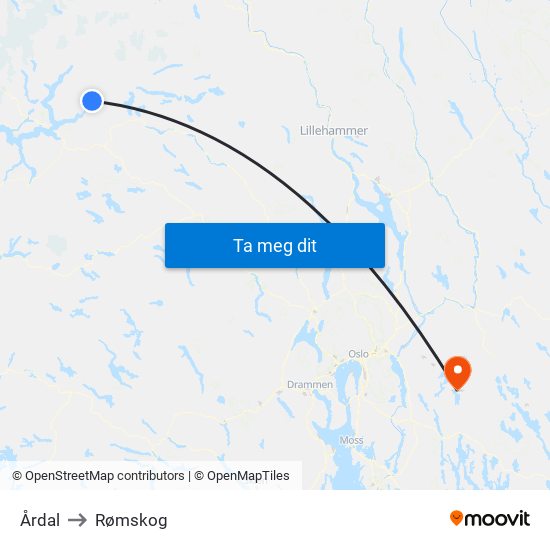 Årdal to Rømskog map