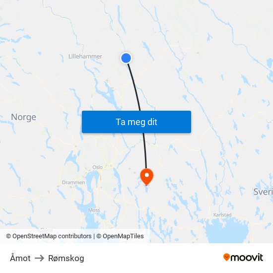 Åmot to Rømskog map