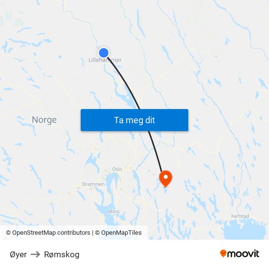 Øyer to Rømskog map