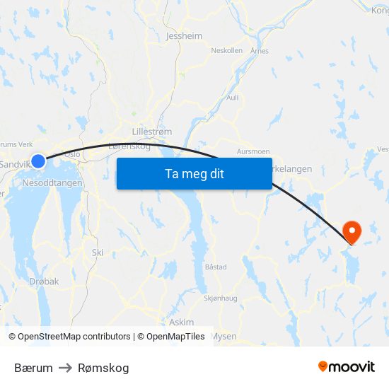 Bærum to Rømskog map