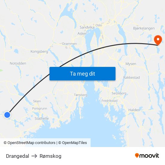 Drangedal to Rømskog map