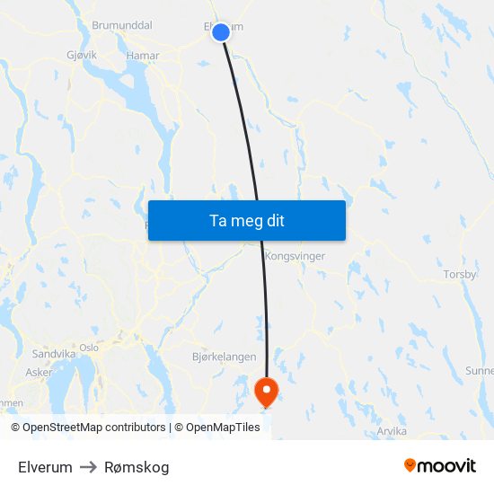 Elverum to Rømskog map