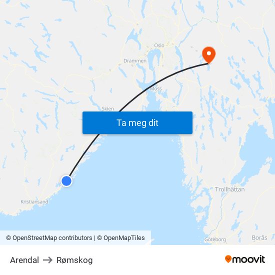 Arendal to Rømskog map
