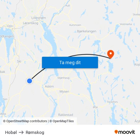 Hobøl to Rømskog map