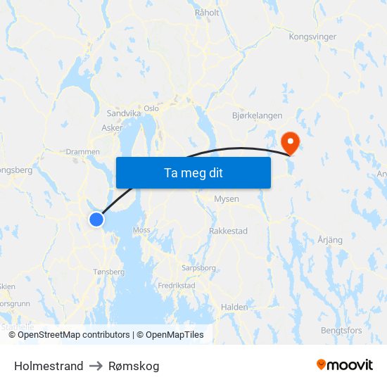 Holmestrand to Rømskog map