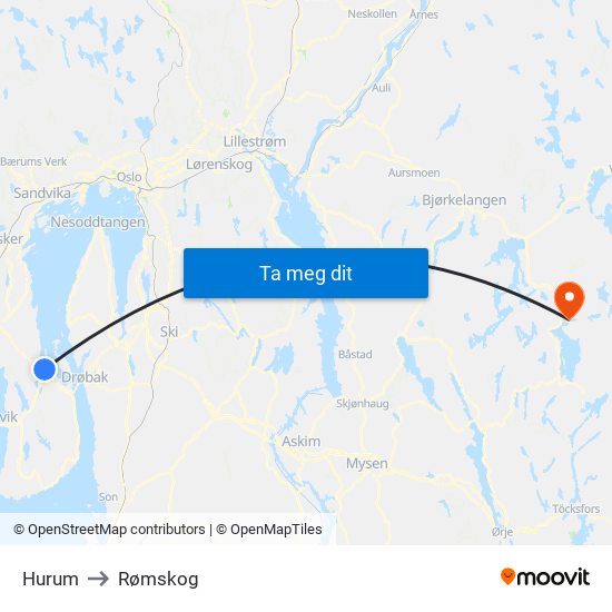 Hurum to Rømskog map