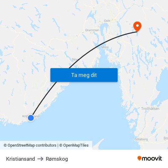 Kristiansand to Rømskog map