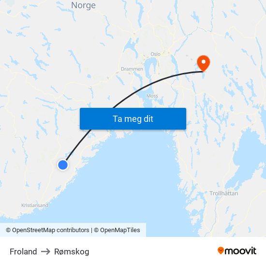 Froland to Rømskog map