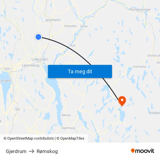 Gjerdrum to Rømskog map