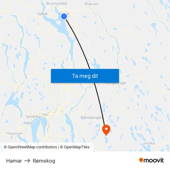 Hamar to Rømskog map