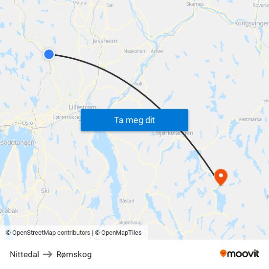 Nittedal to Rømskog map
