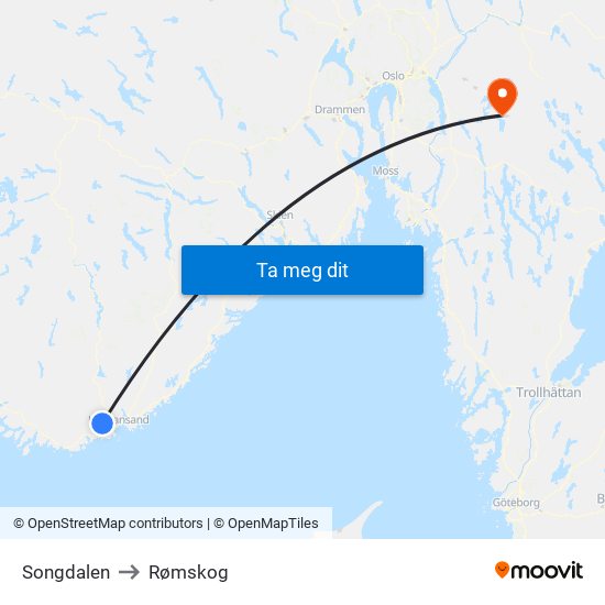 Songdalen to Rømskog map