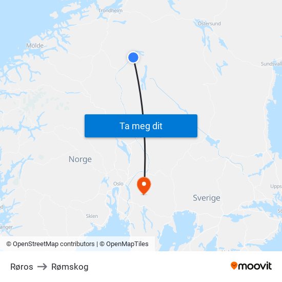 Røros to Rømskog map