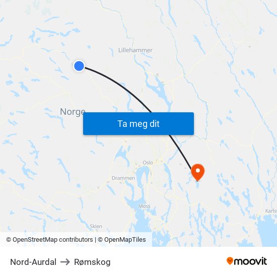 Nord-Aurdal to Rømskog map