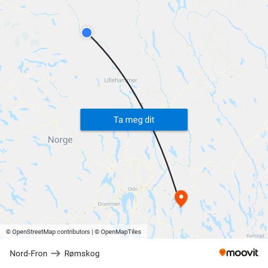 Nord-Fron to Rømskog map