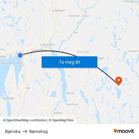 Bjørvika to Rømskog map