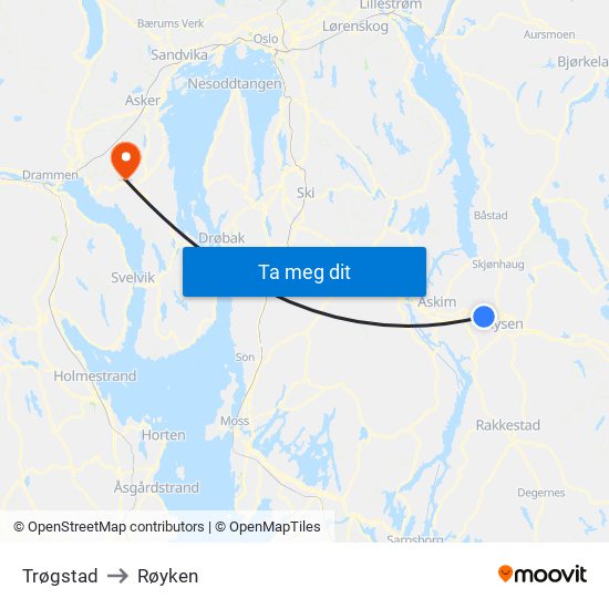 Trøgstad to Røyken map