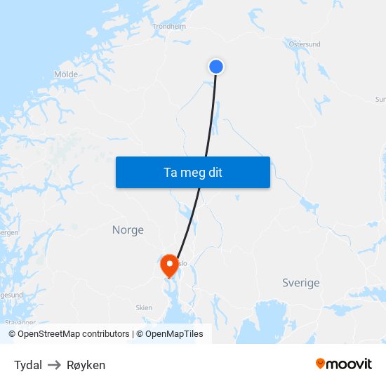 Tydal to Røyken map