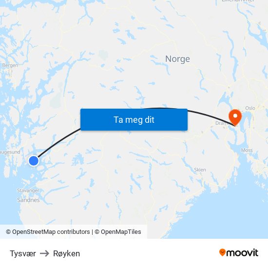 Tysvær to Røyken map