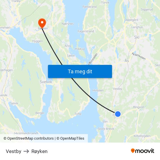 Vestby to Røyken map