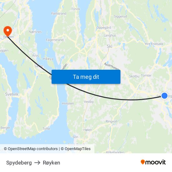 Spydeberg to Røyken map