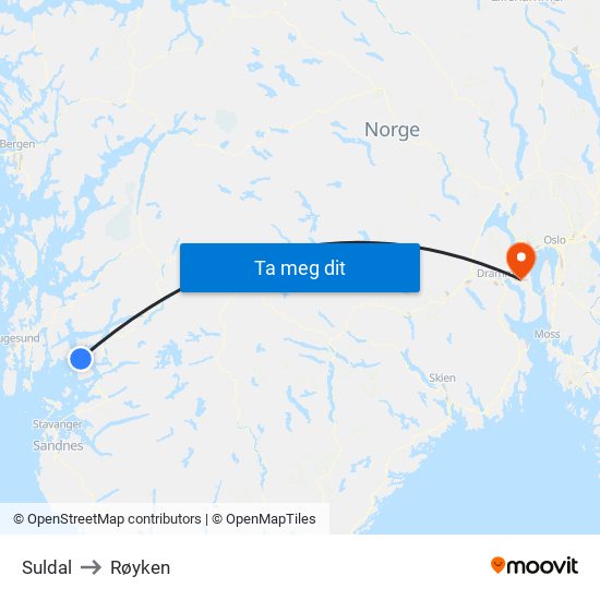 Suldal to Røyken map