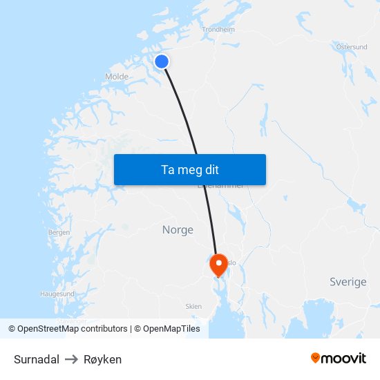 Surnadal to Røyken map